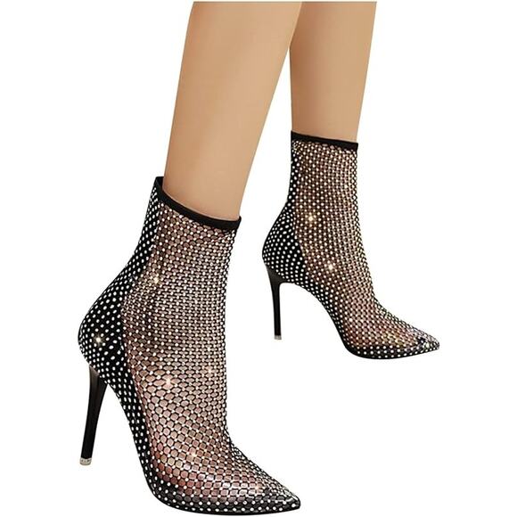 Rhinestone Boots See Through Ankle Boots Fishnet Booties Black Size 6.5US/235mm - Picture 1 of 16